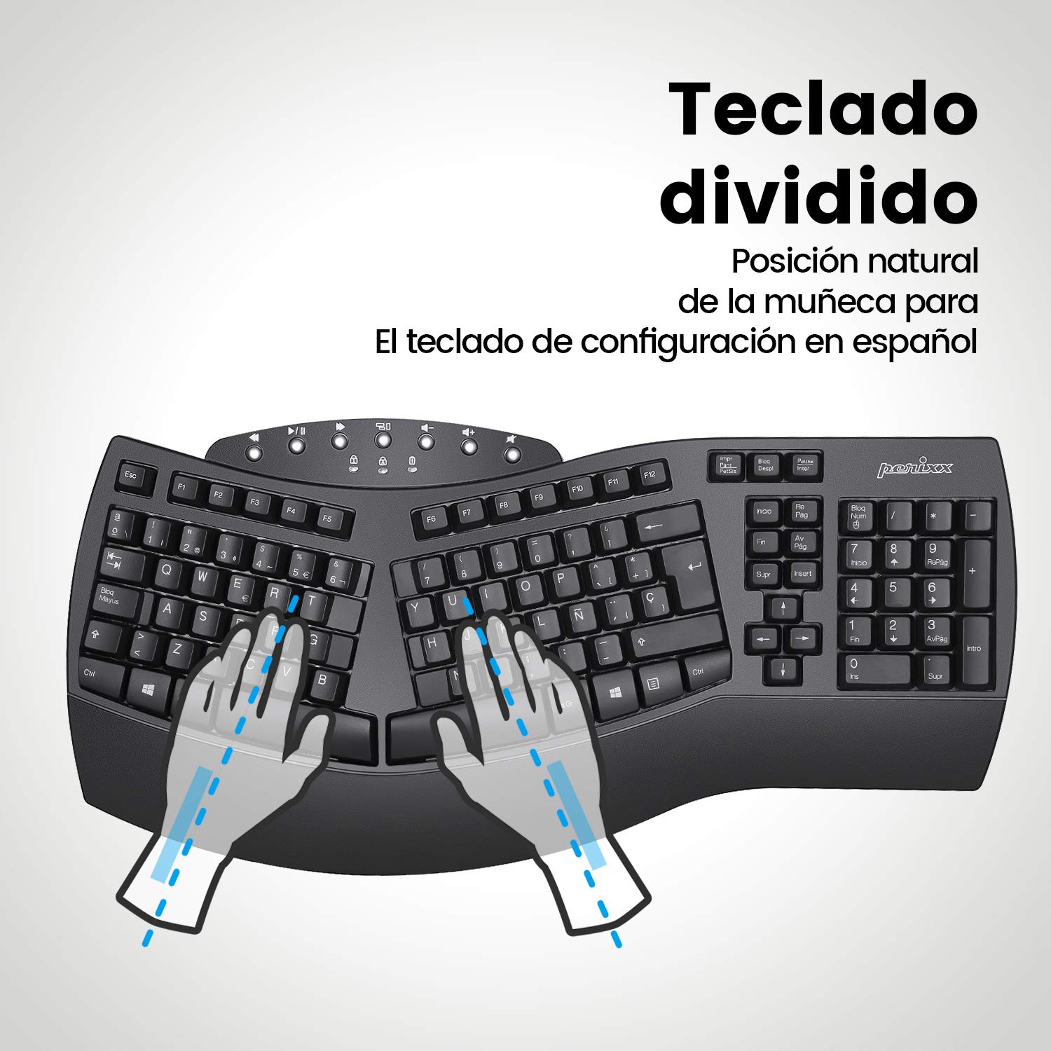 Perixx PERIBOARD-612 W Tastiera ergonomica divisa, wireless 2,4 GHz e Bluetooth, compatibile con Windows e macOS, bianco, layout QWERTY spagnolo con Ñ
