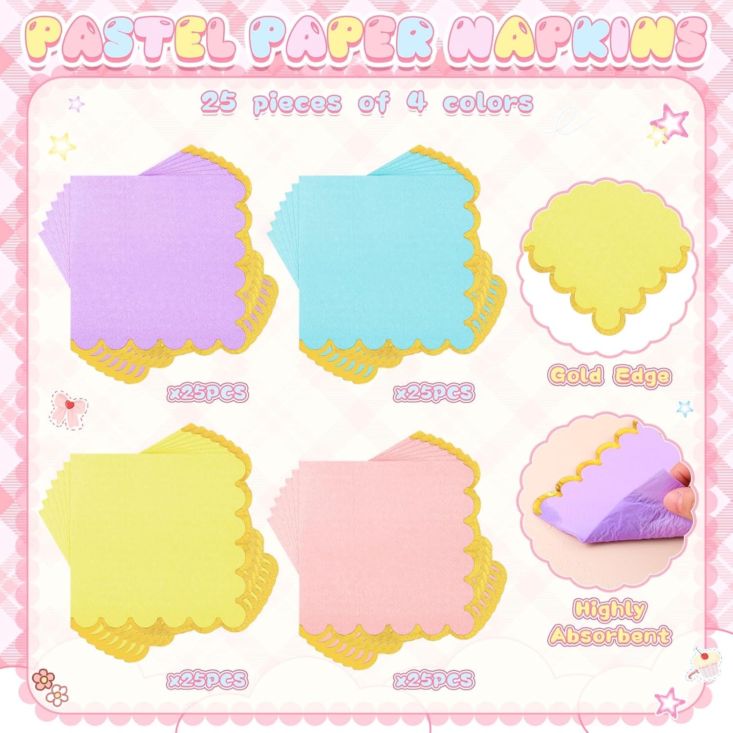 Mimorou 200 Pcs Pastel Plates and Napkins Tableware Serves 100 Includes 7 Inch Scalloped Paper Plate and Napkins for Easter Birthday Wedding Baby Shower Party