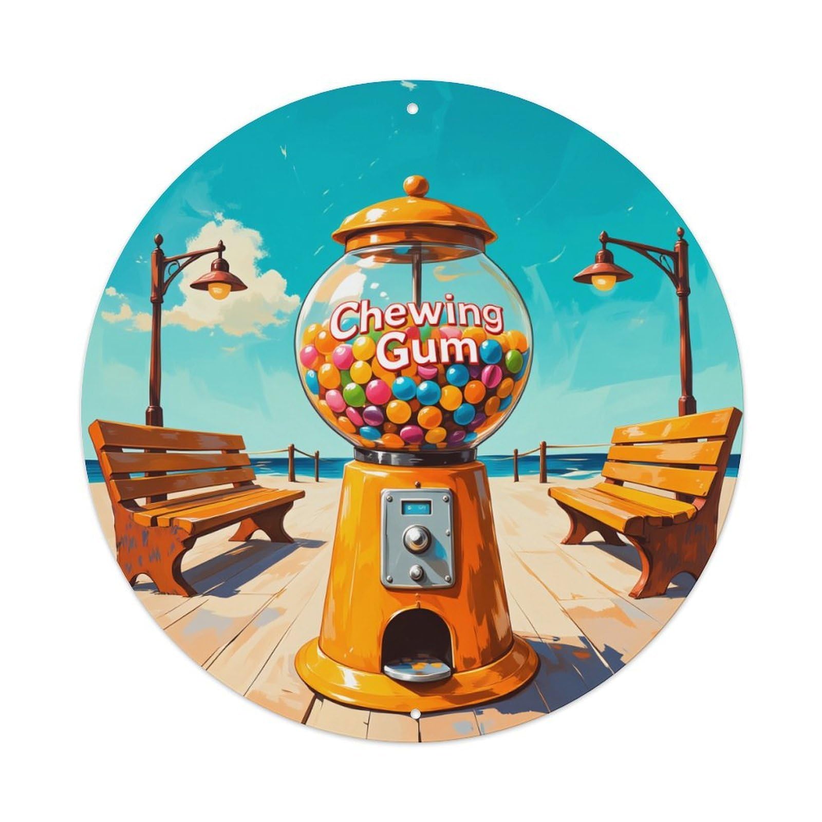 Chewing Gum Machine Beach Scene Round Tin Sign Vintage Metal Poster, Home Bar Garage Man Cave Cafe Indoor & Outdoor Wall Decoration 8x8Inches