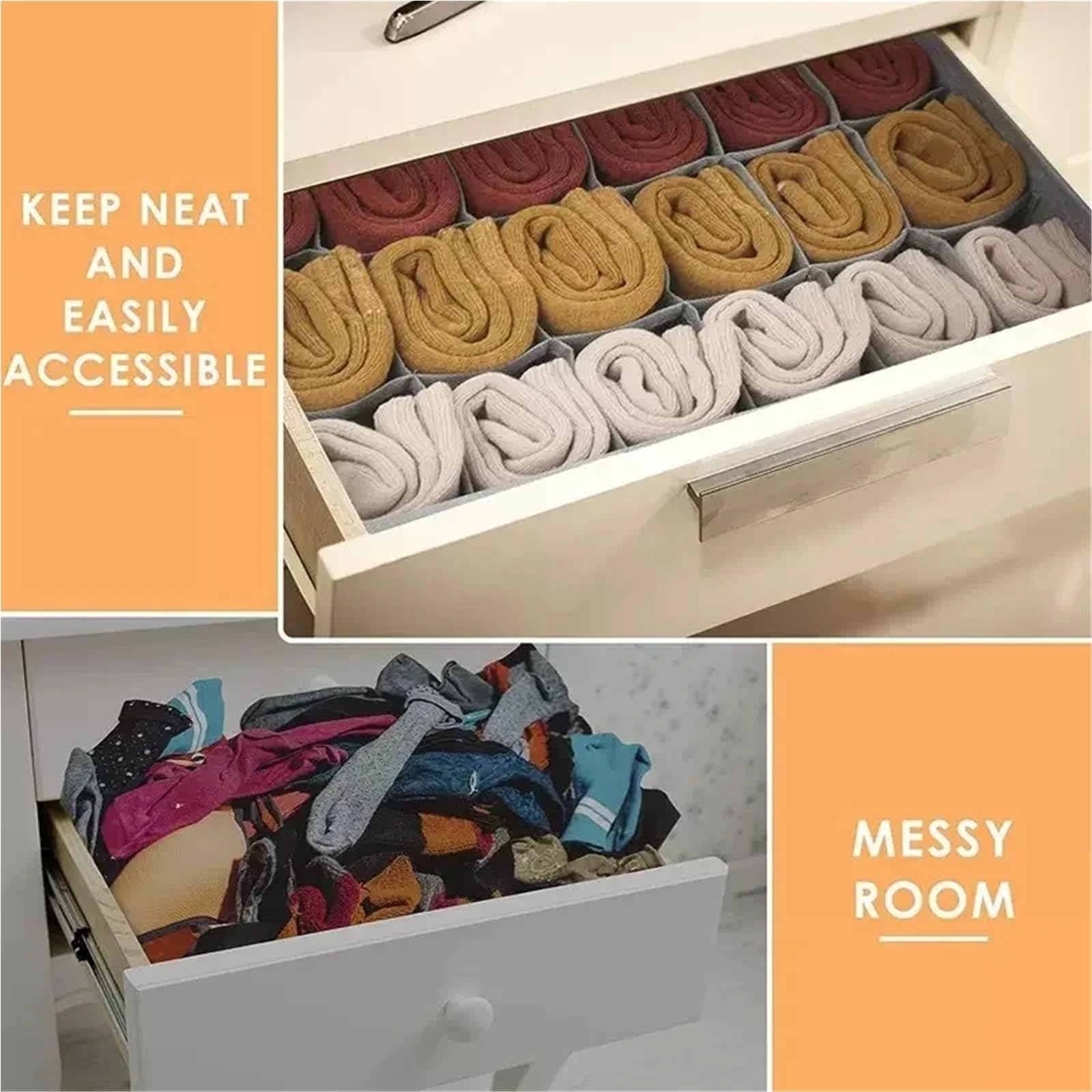 Organizador Calcetines Caja de almacenamiento de ropa interior, juego de seis piezas plegable no tejido, acabado de cajón de calcetines, sujetador, 4 Uds./1 Juego(Yellow-4pcs)