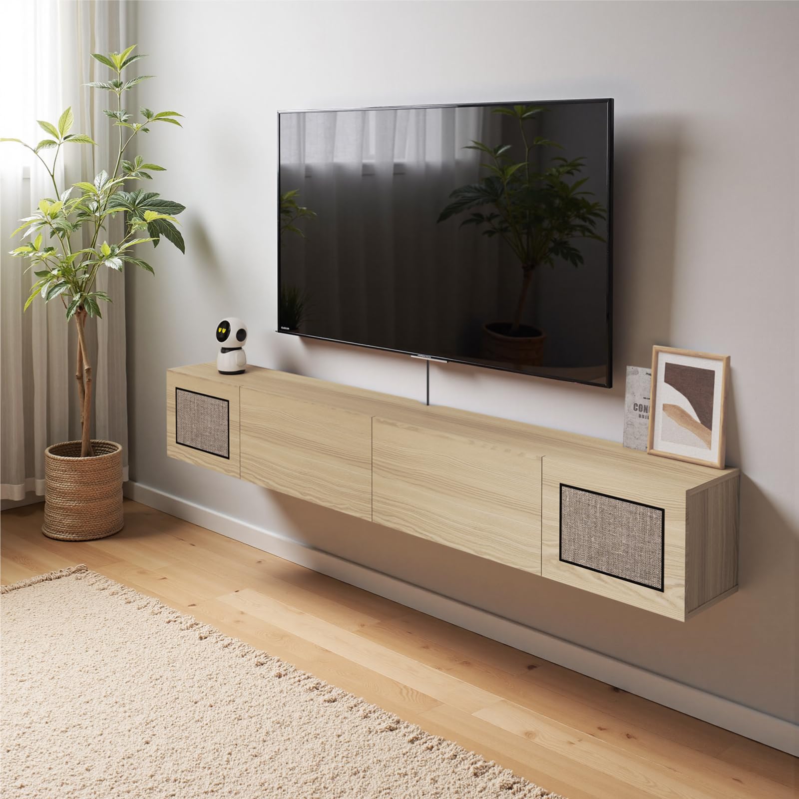 Pmnianhua Boho Floating TV Stand 55", Modern Wall Mounted Media Console with Cotton-Rayon Doors for Under TV Shelf,Entertainment Center,Living Room,