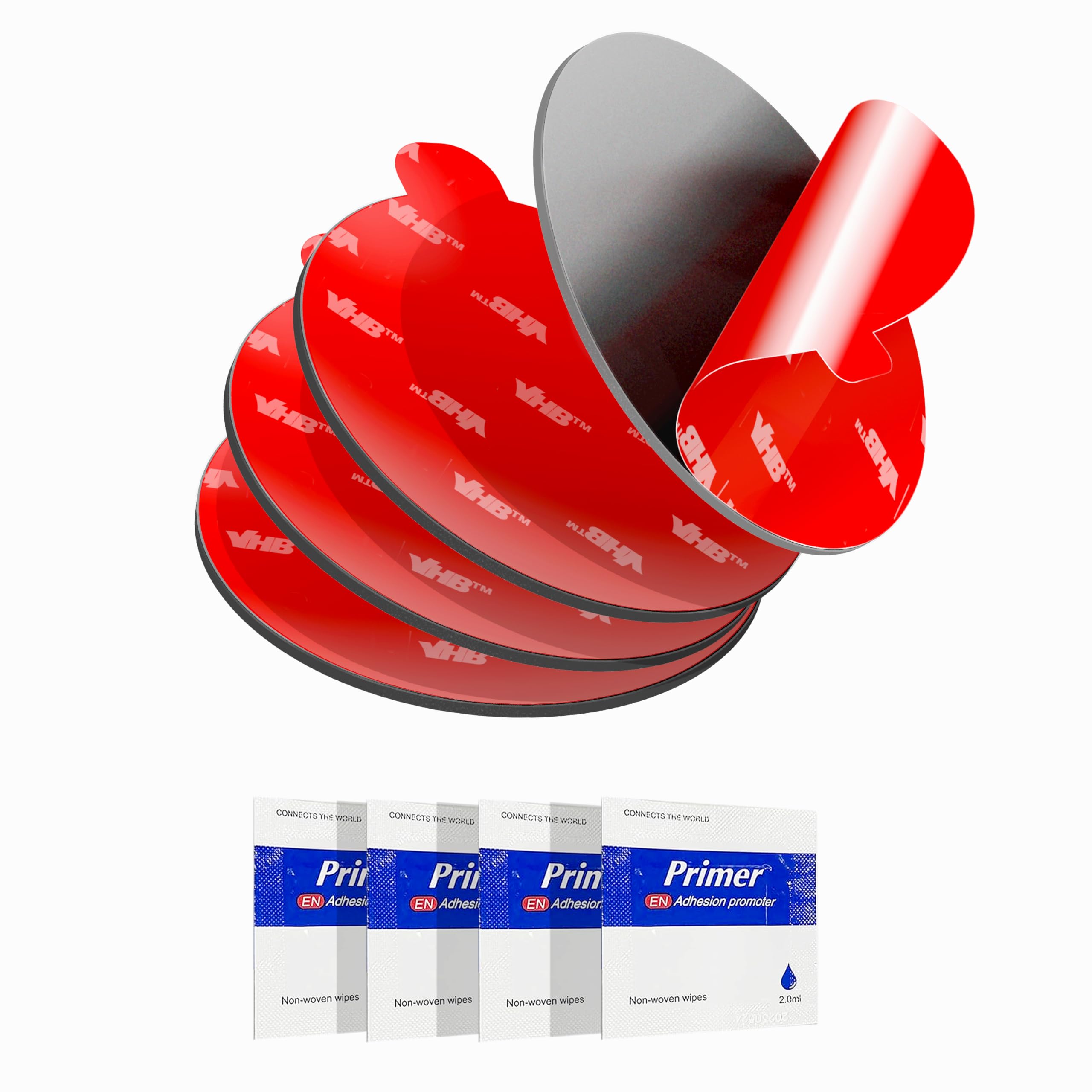 Dash Cam Mount Adhesive Pads – 4-Pack 56mm Round Double-Sided Pads Made with 3M VHB – Heat-Resistant Tape for Windscreen, Dashboard, GPS & Camera Holders – Includes 4 Adhesion Promoters