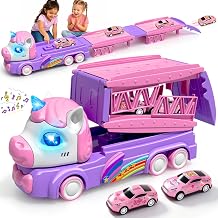 Unicorn Car Toys for Age 3 4 5 6 Year Old Girls, Foldable Catapult Race Track Car with Light & Music, Unicorn Friction Push Transport Truck with 4 Race Cars, Birthday Gifts for Kids Girls