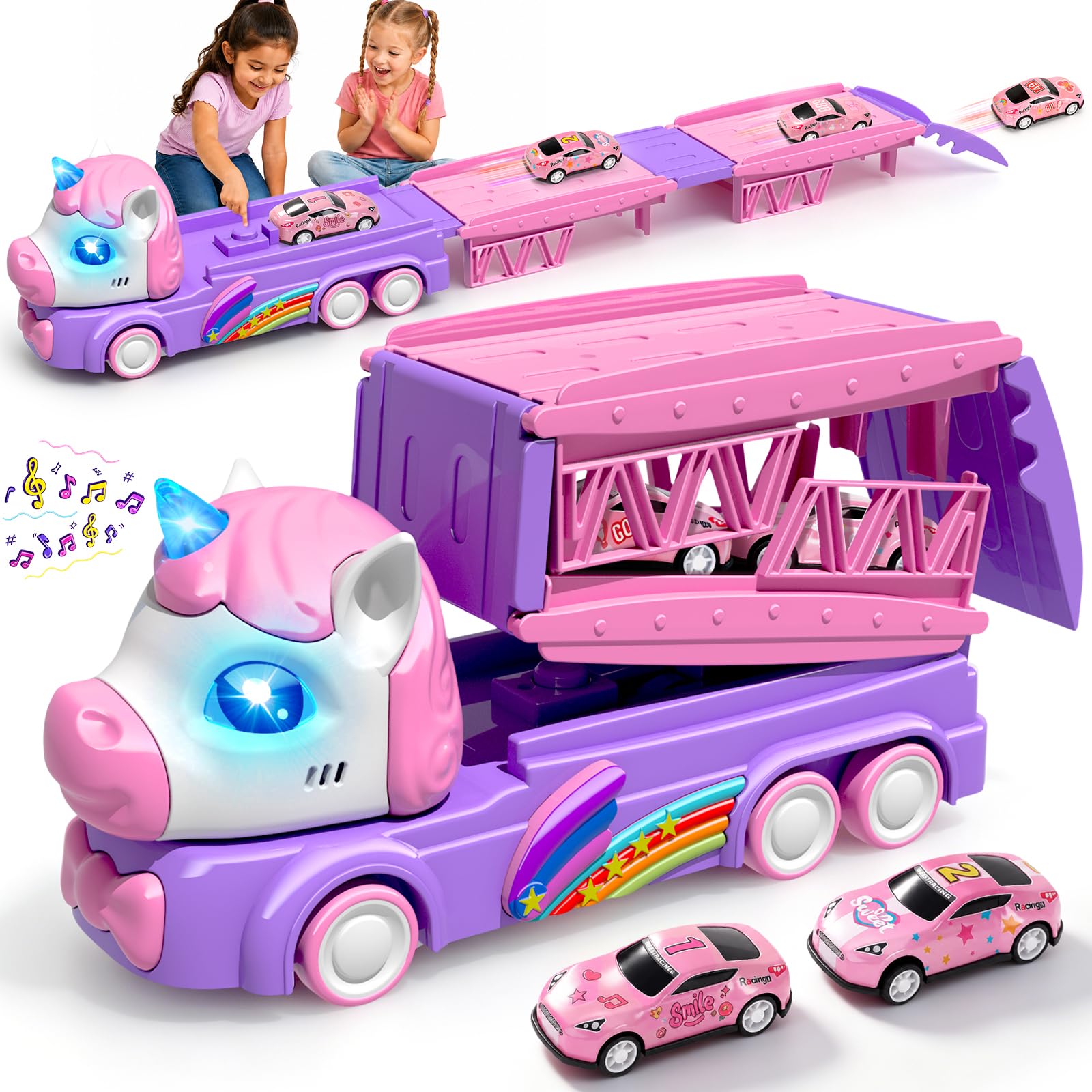 CozyBomB Unicorn Castle Transporter Truck Toy Set with 4 Mini Cars, Lane Race Track, Smooth Edges, Child-Safe Plastic, Gift for Girls Ages 3+