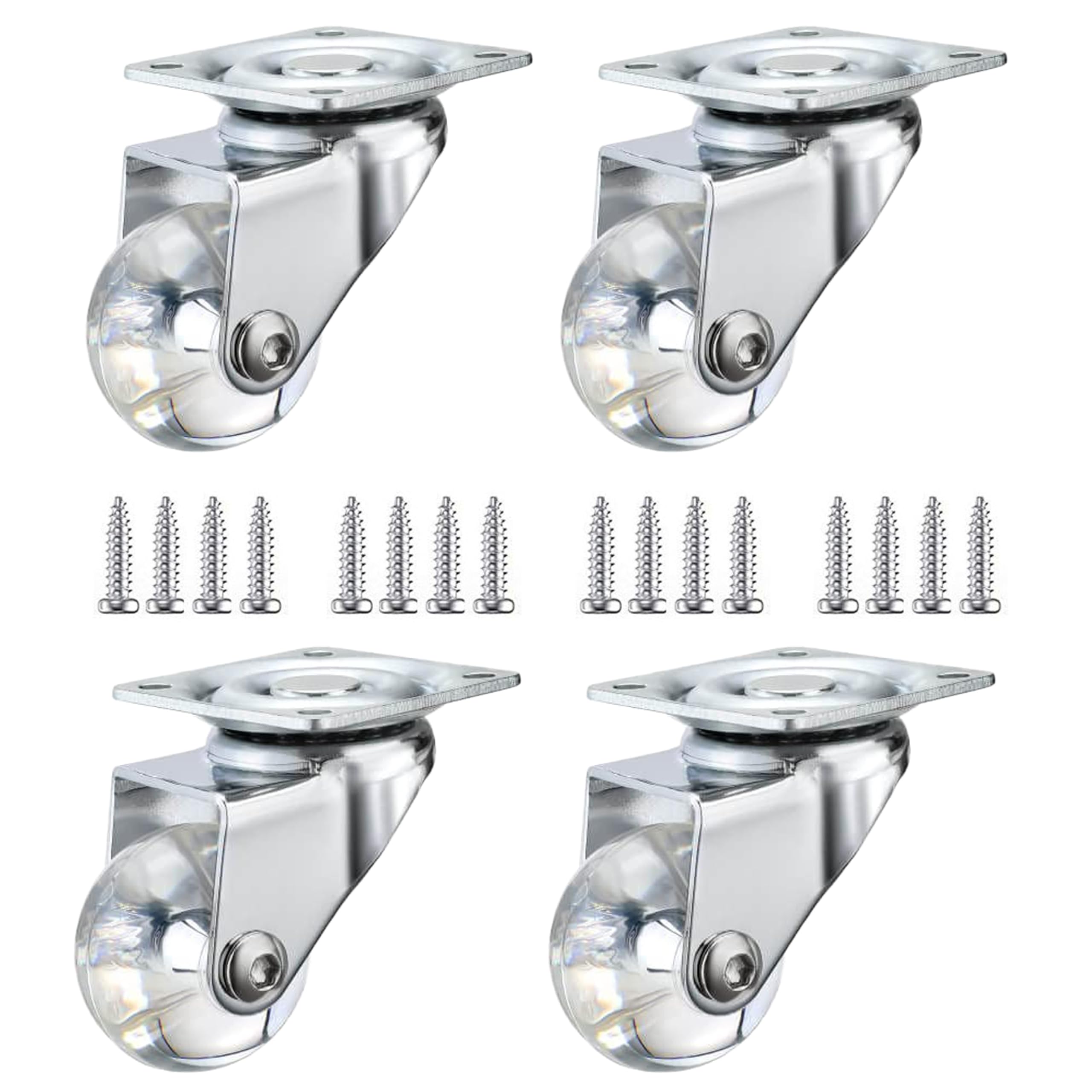 YOOGAA 1.5 inch Low Profile Casters Wheels Clear Swivel Castors Wheels Without Brakes Small Crystal Wheel for Furniture Cabinet,Ottoman,Bench (1.5 inch Without Brakes)