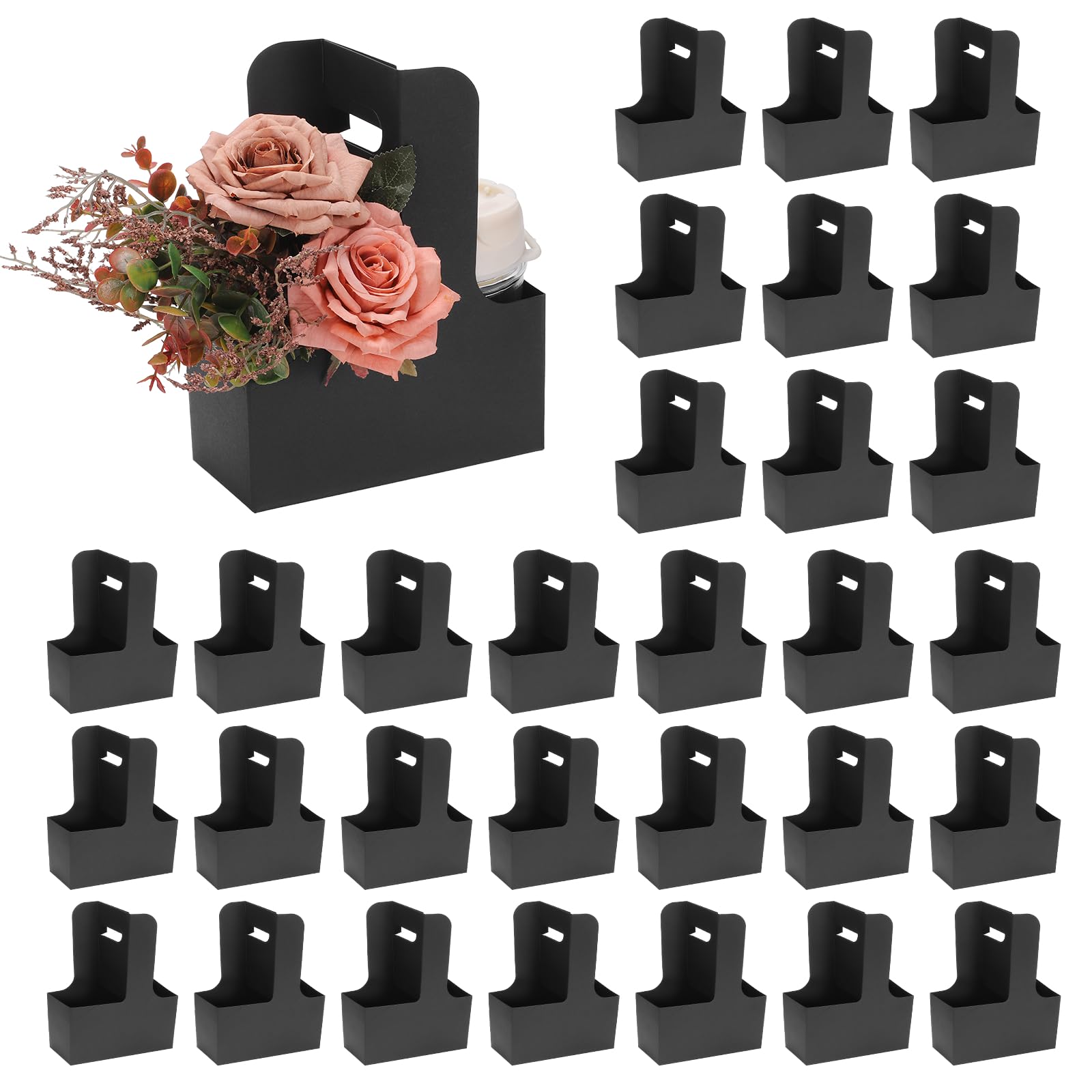 sourcing map 2 Cup Drink Carrier with Handle, 60 Pcs Kraft Paper Flower Gift Bags, Floral Wrap Packing Box, Cardboard Cup Holder Portable for Coffee Tea Bouquet Birthday Party, Black