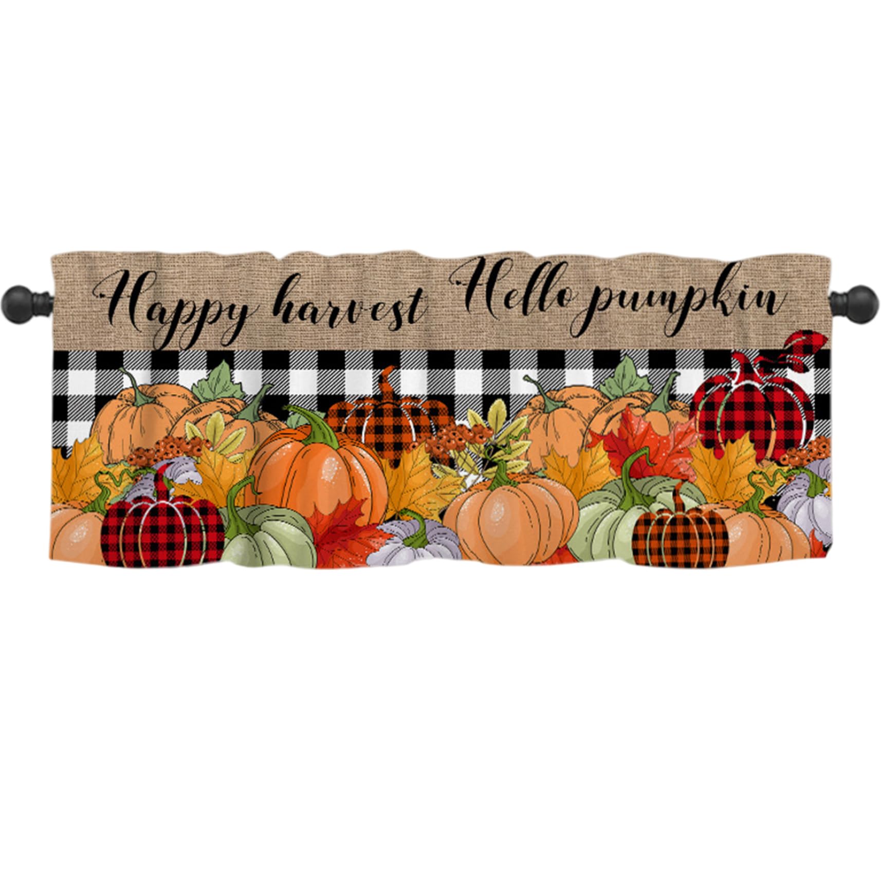 CNAFGBGG Fall Kitchen Curtains 54x18 Inch Pumpkin Buffalo Plaid Kitchen Valances for Rod Pocket Curtains for Halloween Thanksgiving Autumn Decor..