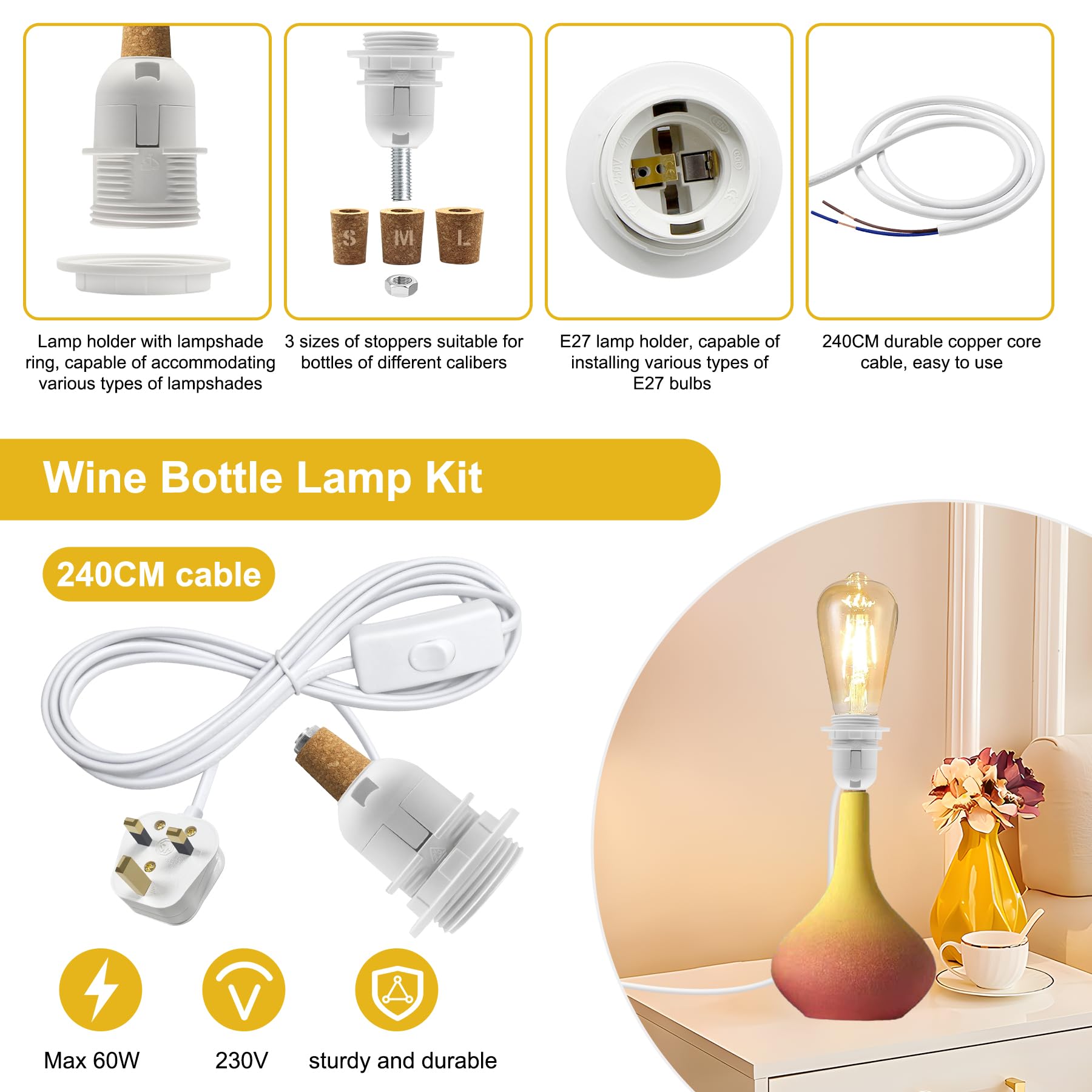 Bottle Lamp Kit Do It Yourself, E27 Lamp Holder with 240CM Cable, Bottle Light Adaptor Kit, Including 3 Sizes of Stoppers - Image 3