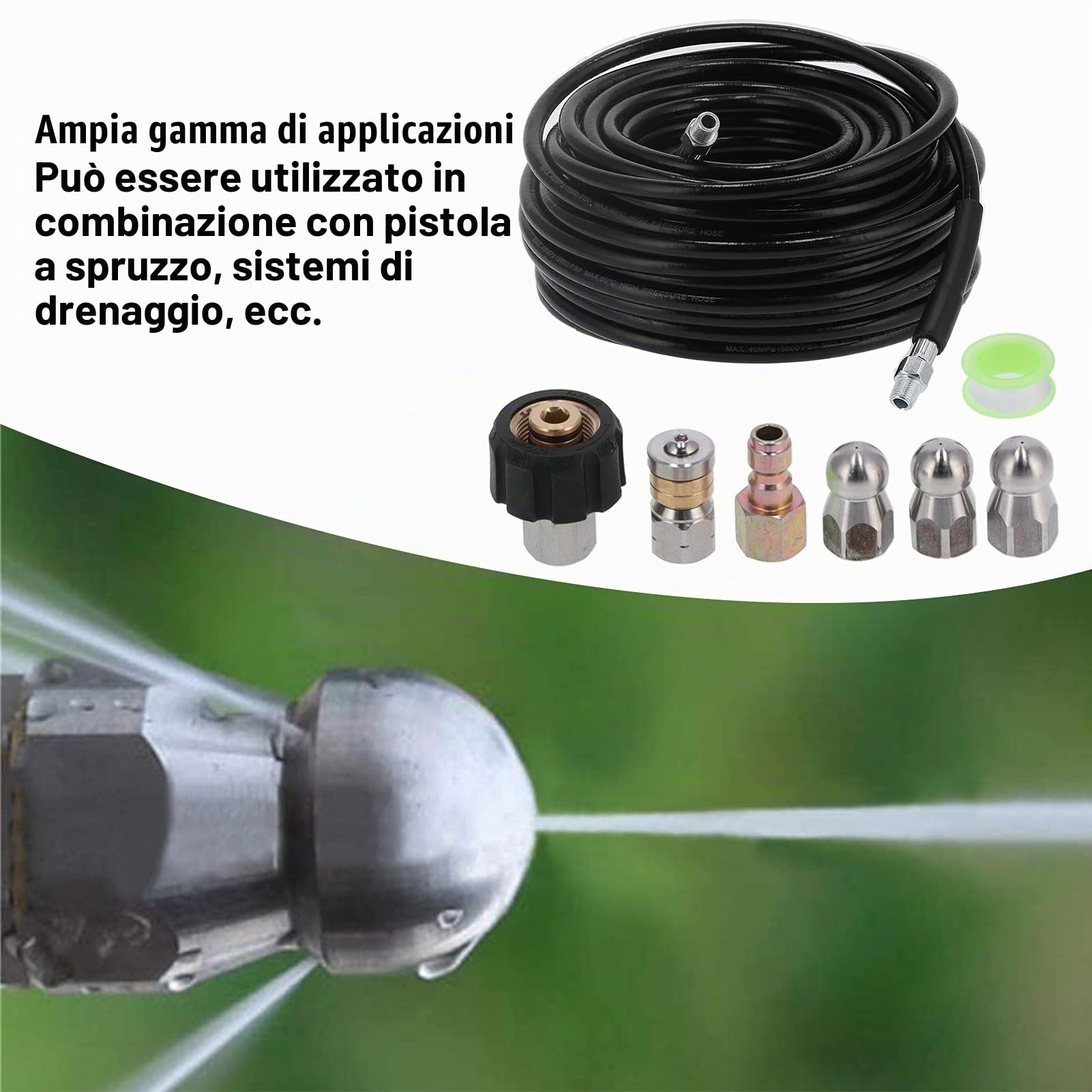 30m Kit di Tubi di Pulizia ad Alta Pressione, Tubi per Idropulitrici Tubo Flessibile per Pulizia Massimo 5800 PSI 30 Metri con ugello per Il Lavaggio per l'irrigazione Sia per l'acqua Fredda Che