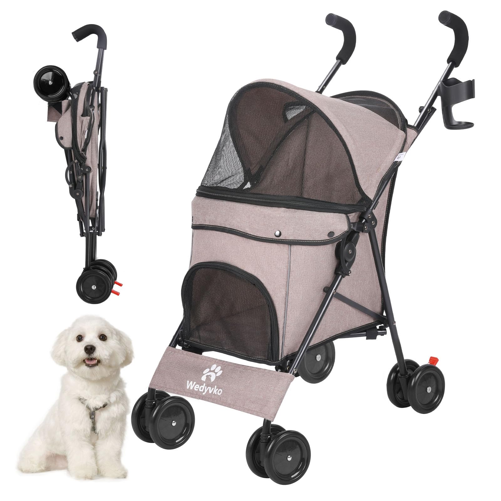 Poussette pour chiens de taille moyenne, poussette pliable pour chiots de petite taille jusqu'à 15 kg, 4 roues avec porte-gobelet, roues avant rotatives à 360° pour promenade en plein air
