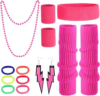 Apricitie Pack of 6 80s Costume Accessory Set for Women, Neon Knitted Cuffs, Sweatb…