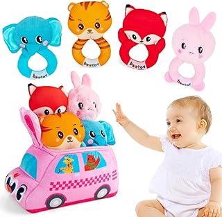 beetoy Plush Baby Rattle Toys, Infant Sensory Learning Toys with Soft Textures and Crinkle Sounds, Newborn Soft Stuffed Animal Rattles Set Baby Toys for 0 3 6 9 12 Months