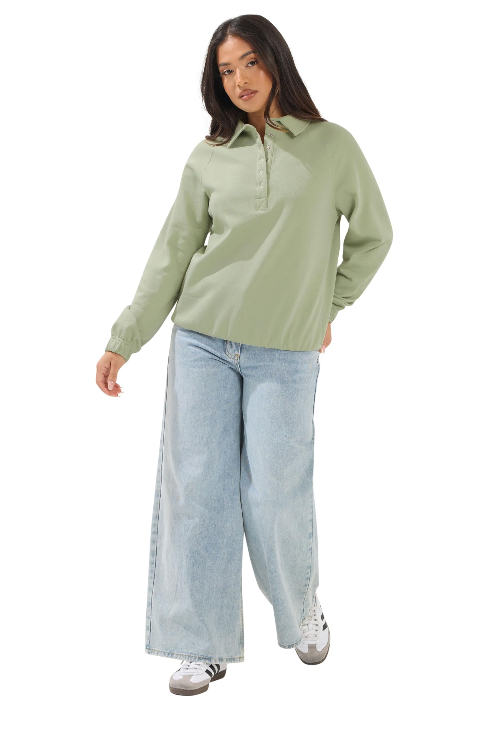 PixieGirl Petite Sage Green Button Collar Sweatshirt Petite