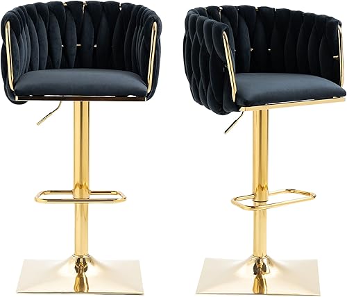 Miniatura 42 de SZLIZCCC Taburete de bar ajustable de terciopelo moderno, taburete de bar giratorio de 360 grados, taburete de isla de cocina curvado con respaldo