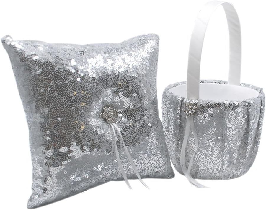 Abbie Home Sequin Glitter Wedding Flower Basket + Ring Pillow Sparkle Rhinestone Décor Wedding Party Favor-Silver