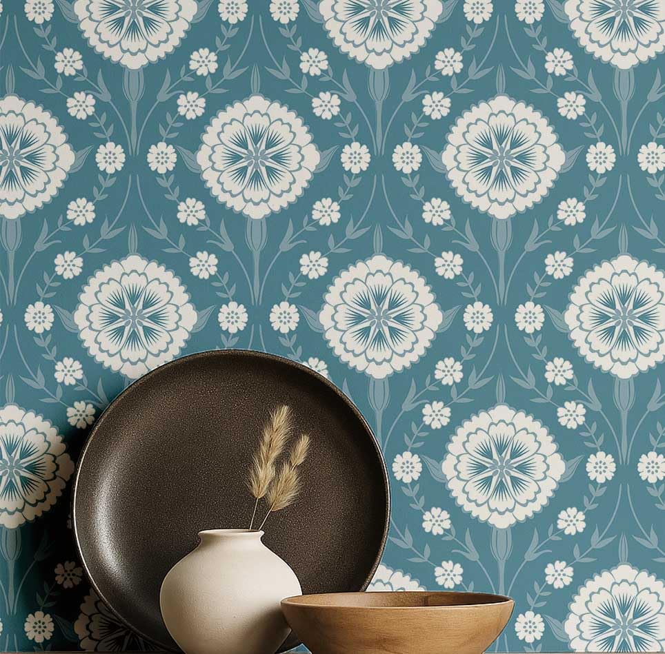 Papier peint médaillon floral royal bleu 25x120 style asiatique autocollant S4Sassy
