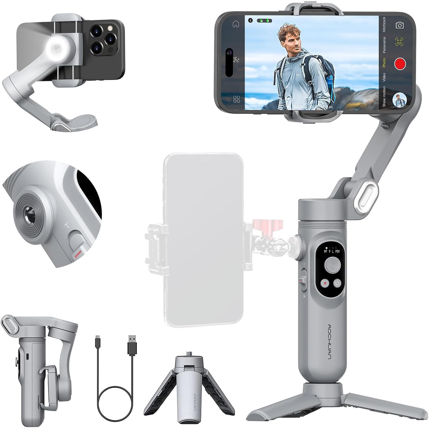 AOCHUAN Gimbal Stabilizer for Smartphone,3-axis Gimbal Anti-Shake for iPhone 15/14/13 Pro Android w/Built-in LED Light,1/4" Threads, Portable Phone Holder Vlogging for TikTok, Live-Stream-Smart X Grey