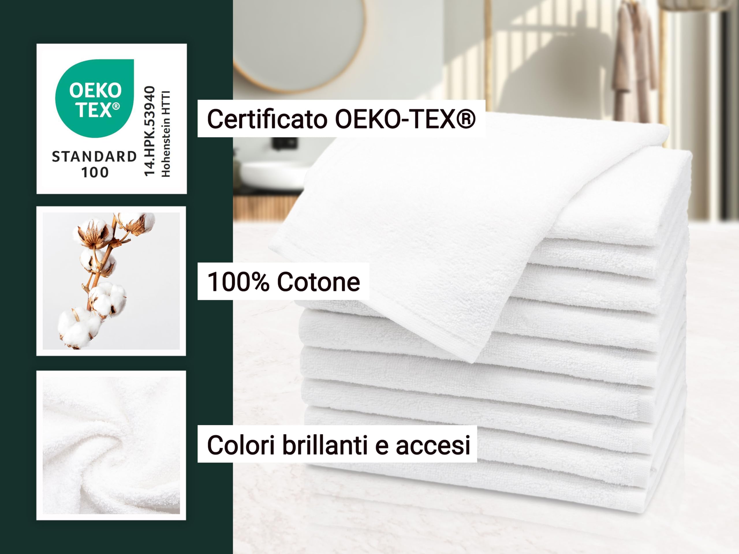 ZOLLNER 10 asciugamani per gli ospiti 30x50 cm - salviettine per le mani - bianco - con gancetto - lavabili a 95°C - cotone - qualità d'albergo