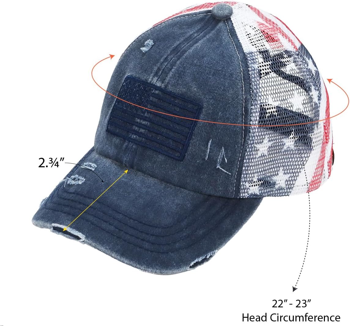 C.C Women's Criss-Cross Ponytail Baseball Cap – Embroidered Cotton Front, American Flag Mesh Back, Adjustable Velcro