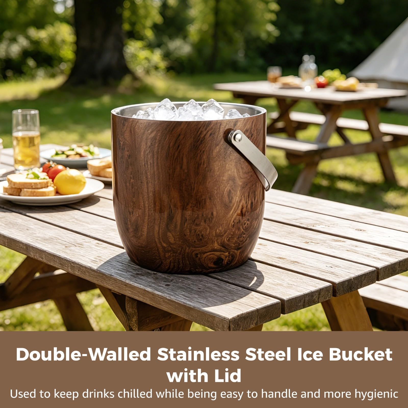Doppelwandiger Eiskübel aus Edelstahl mit Deckel, 18 x 17,8 cm, Holzmaserung, isolierter Eisbehälter mit Schaufel, Zange, Sieb, für Hausbar, Partys