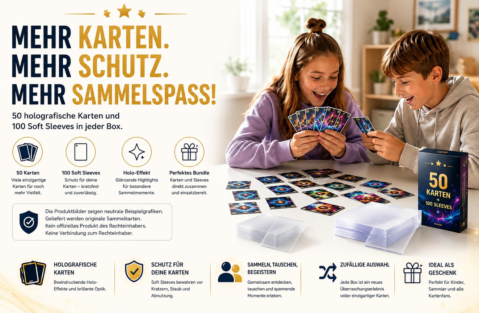 50 Original Pokémon Karten Deutsch – garantiert 5 Holo + 100 Ultra Pro Soft Sleeves – Karten Set für Sammler & Kinder