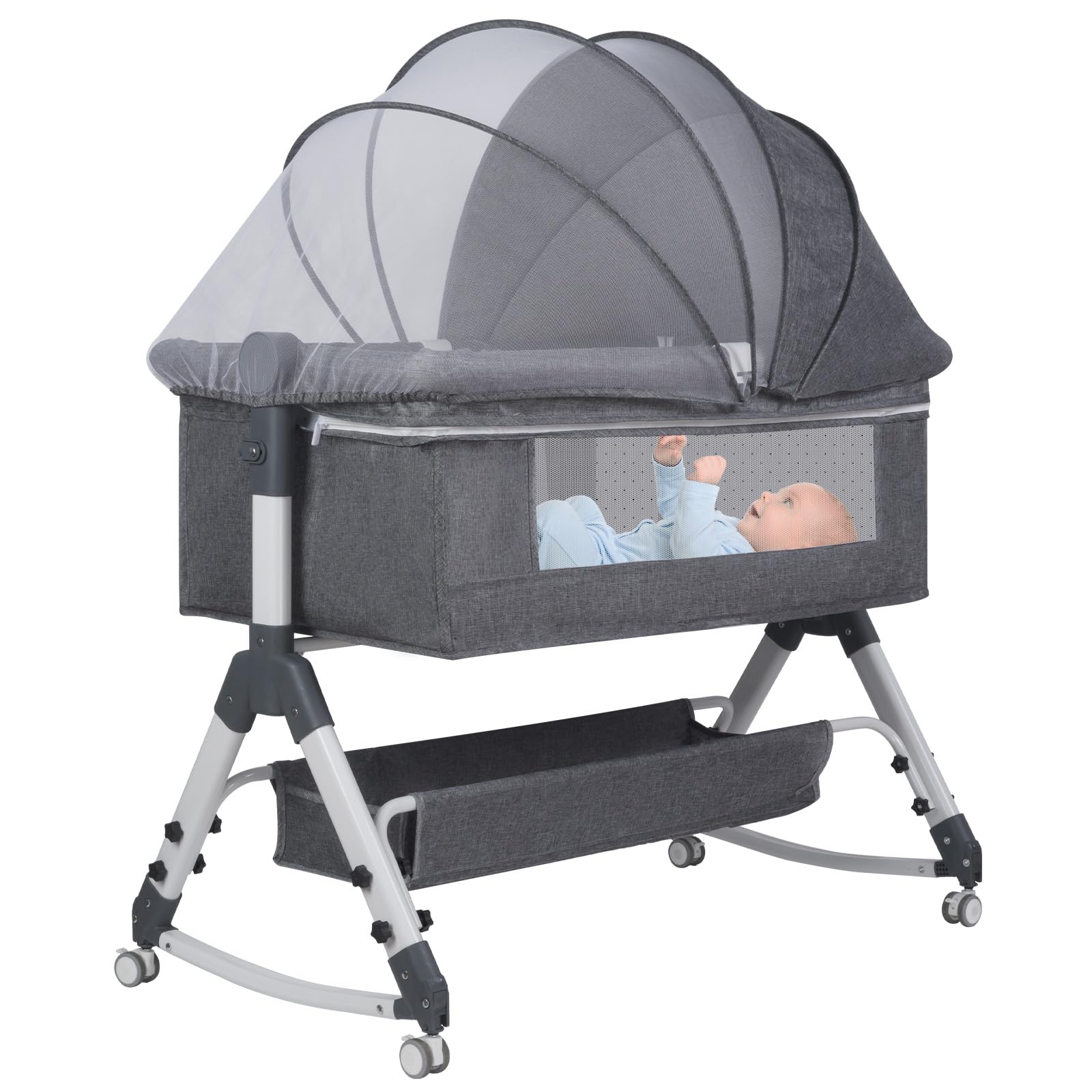 Lit Bébé Cododo Berceau avec Matelas, Mode Bascule pour Bercer, Côté Repliable, Hauteur Réglable, Fenêtres en Filet, 4 Roues, 0-24 Mois (Gris Clair)