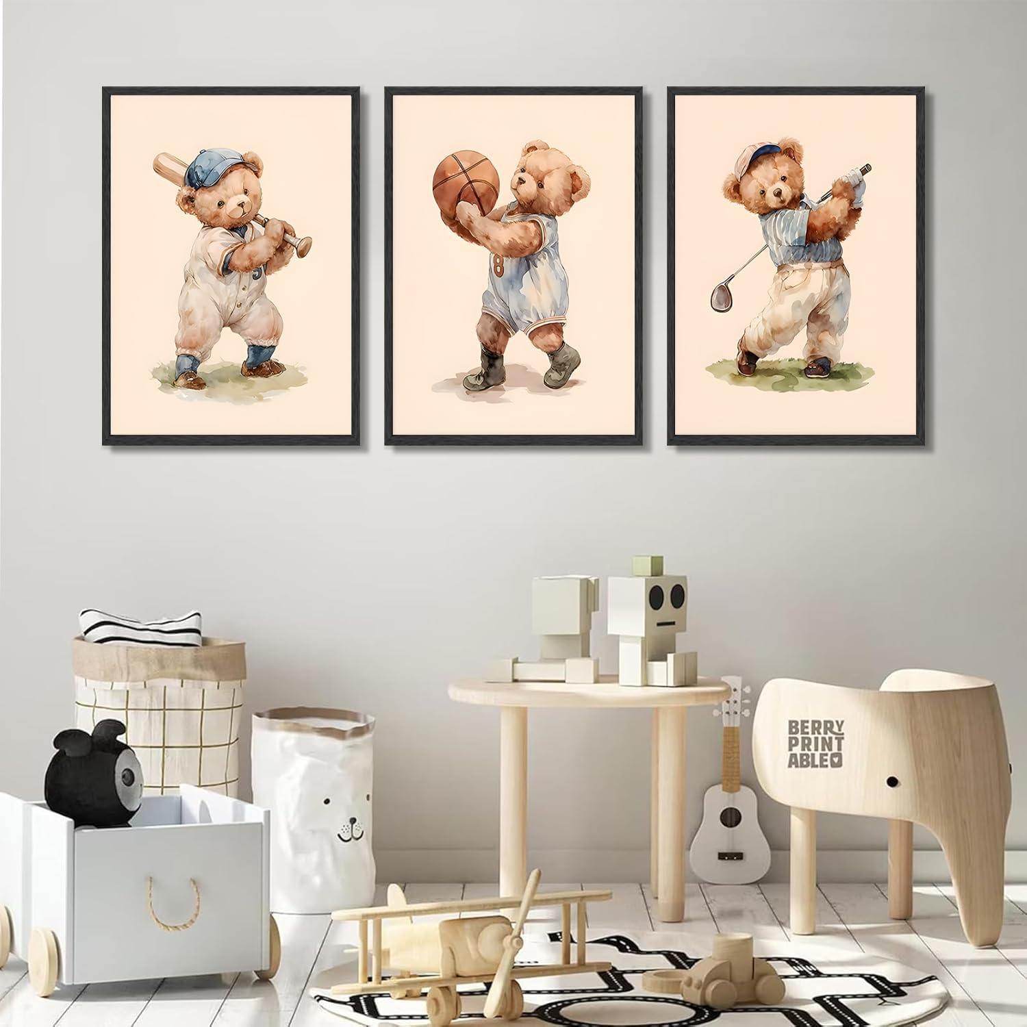 Teddy Bear Sports Nursery Animal Wall Art Cute Woodland Rugby Wall Decor Pictures Vintage Basketball Baseball Kids Room Canvas Poster Prints for Boys Room Bedroom Decorations (16x24in Unframed) - Image 7