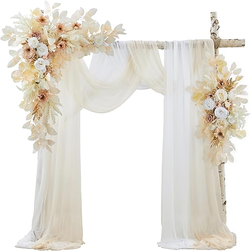 Kit de flores para arco de boda con cortinas (paquete de 4) 2 guirnaldas artificiales beige de lujo con 2 cortinas transparentes para ceremonia de