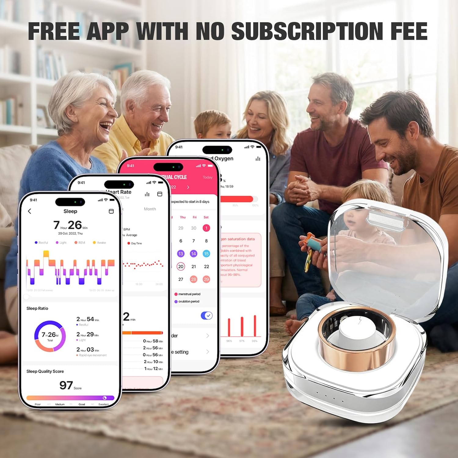 Smart Ring with Heart Rate, Blood Oxygen, Sleep Tracker, Step Tracker, IP68 Waterproof Fitness Tracker Fitness Ring for Women Men, Compatible with iOS & Android (Gold, 8#)