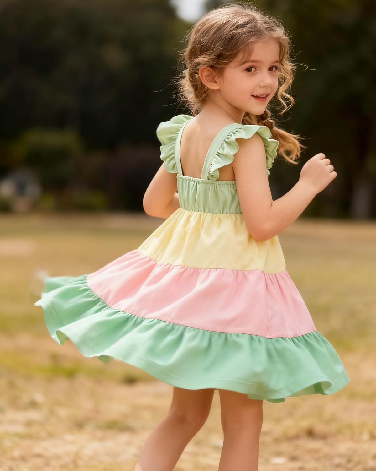 YALLET Girls Dress Casual Color Block A-Line Ruffle Sleeveless Cute Girls Outfit with Back Elastic String for Holiday Daily