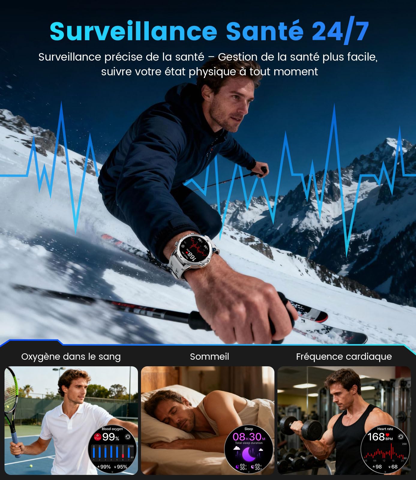 DREMAC Montre Connectée Homme avec 1,53 HD Écran/LED Lampe/1000mah Batterie,IP68 Étanche Smartwatch avec 100+ Modes Sportifs,24/7 Moniteur de Fréquence Cardiaque et Sommeil,pour Android iOS, Argent