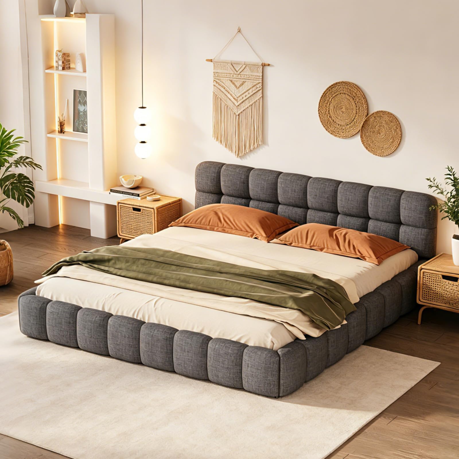 AZJSAHAH Bubble Double Bed Frame 4ft6,Upholstered Cloud Bed With Headboard,Modern Low Platform Bed, Luxury Cloud Bed Frame,Linen Fabric Double Bed With Base,No Mattress