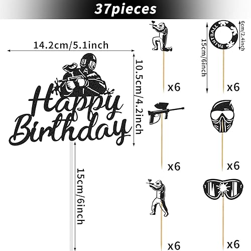 Miniatura 2 de Jetec 37 piezas de decoración para tartas de paintball, suministros de fiesta de cumpleaños, decoración de cupcakes de paintball, silueta con