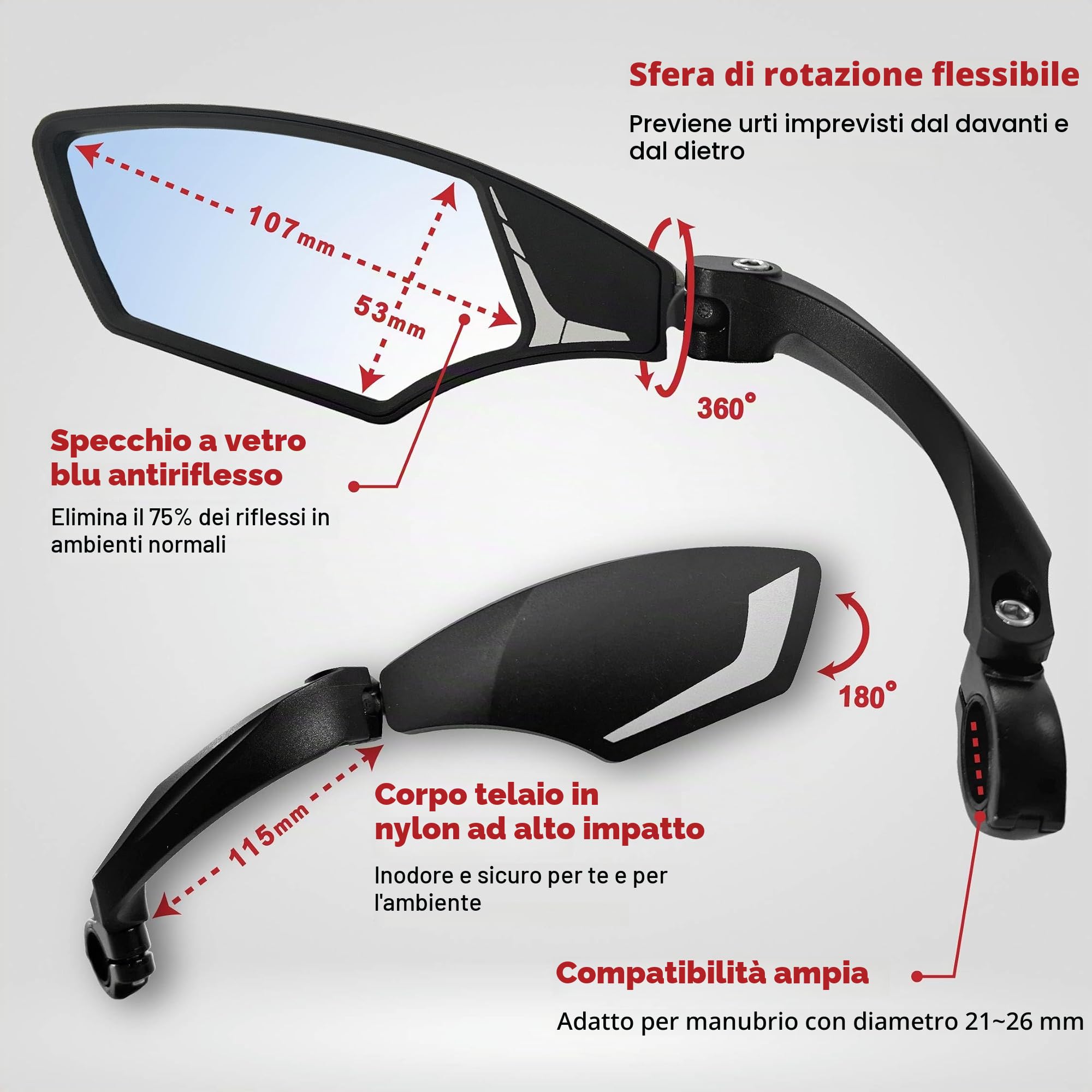 Hafny HF-MR095 - Specchietto per manubrio bicicletta, HD, resistente alle esplosioni, lente in vetro, antiriflesso blu a sinistra