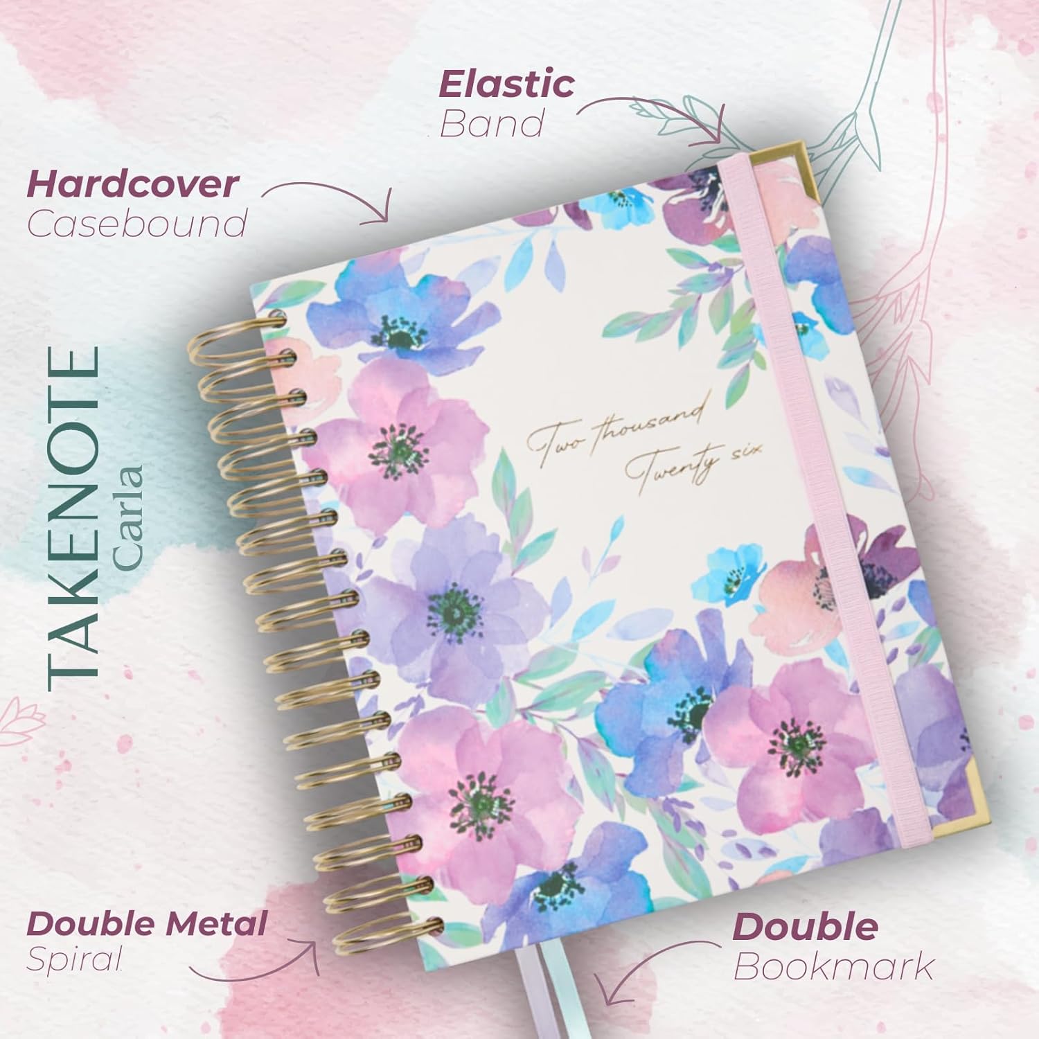 Diary 2026 - A5 Size (16.5x20.5 cm), Week-to-View, 12-Month Annual Planner January to December, Double Gold Spiral, Dual Bookmark, Elastic Band, Spanish & English - Carla