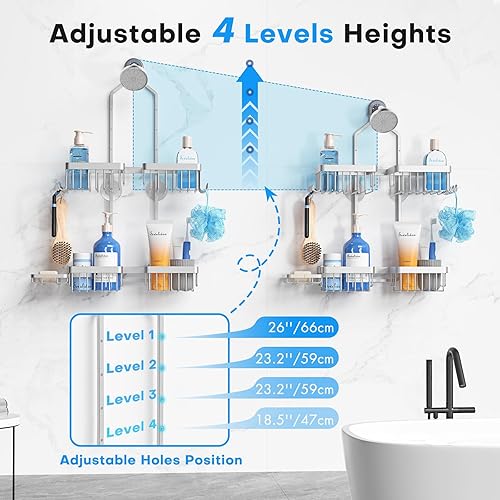 Miniatura 4 de Organizador de ducha colgante de aleación de aluminio para cabezales de ducha de mano, manguera a prueba de óxido, 4 niveles de altura ajustable con