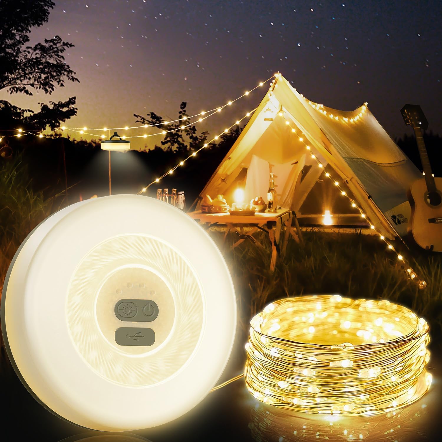 Mytrix Camping Outdoor Led String Light Green, Decorations for Camping Trips, RV, Hiking, 33ft 100 LED Party Lights, 2 in 1 USB Portable Rechargeable Outdoor Light with Multiple Lighting Modes [Energy Class F]