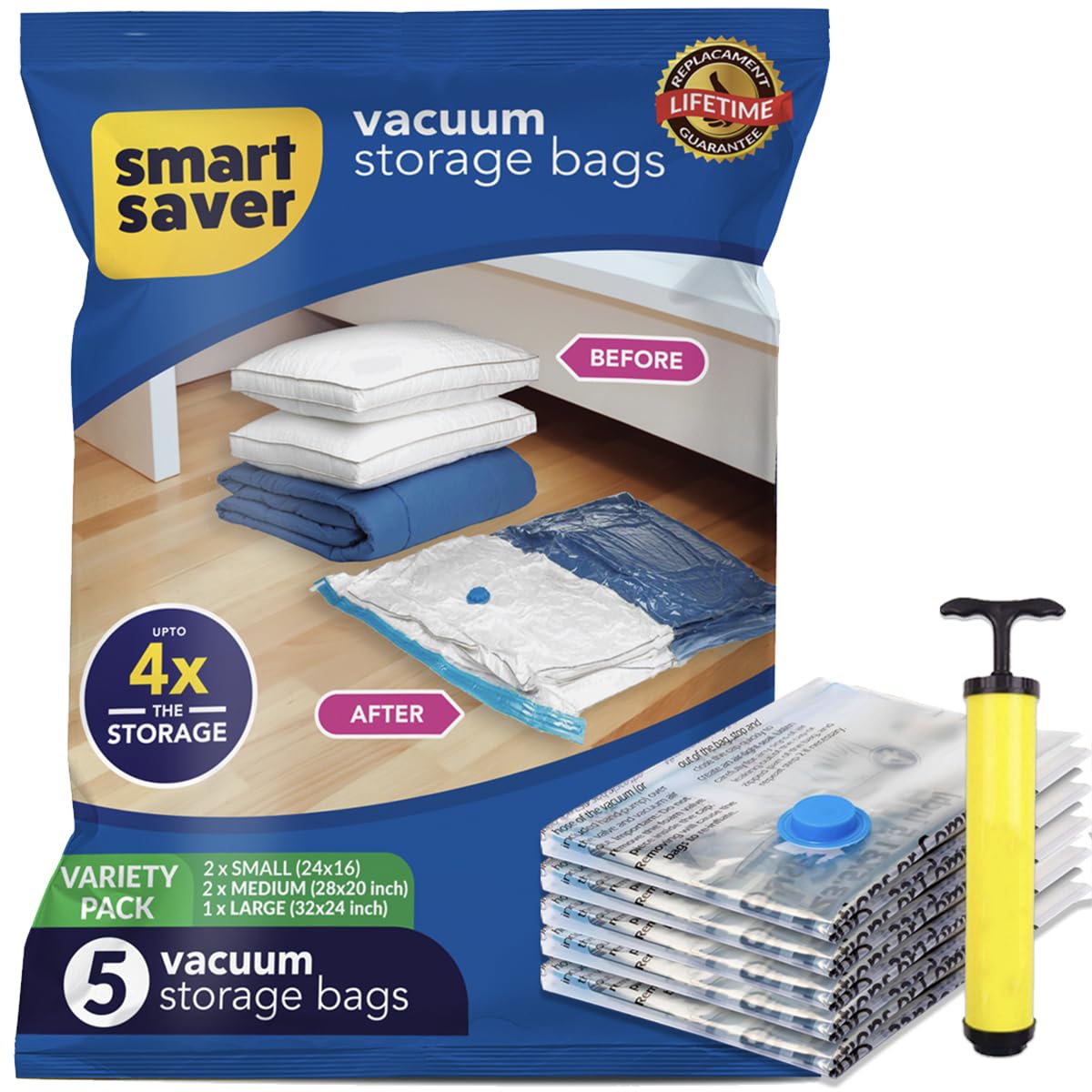 Vacuum Bags for Travel, Space Saver Bags 5 Pack (1 Large 2 Medium 2 Small) Compression Storage Bags for Clothes, Sealer Bags, Vaccine Sealed Airtight Packing Ziplock Bag with Hand Pump