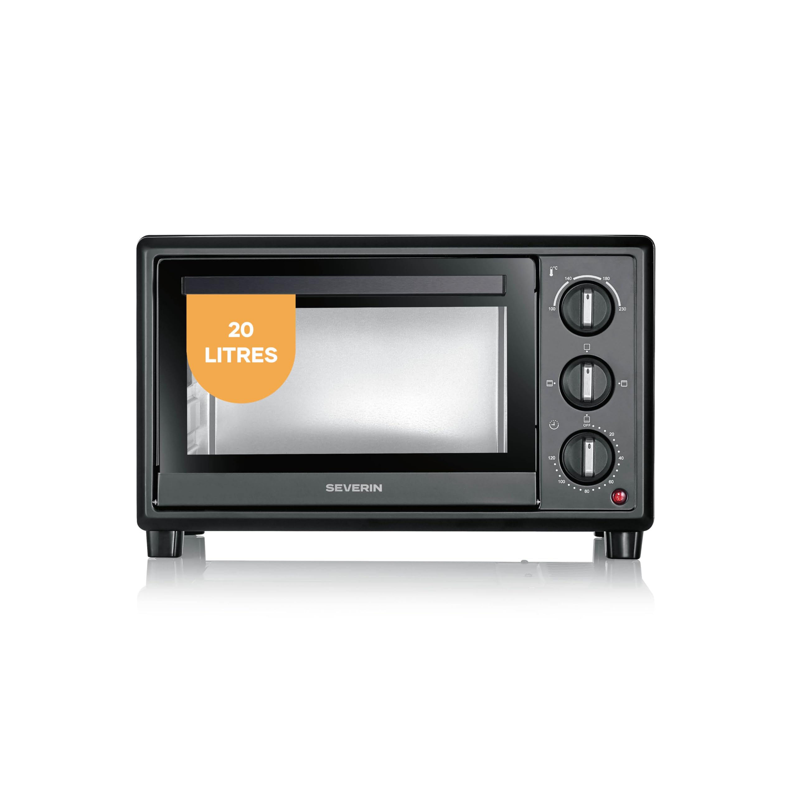 SEVERIN Four posable 20 L, avec grille et plaque de cuisson incluses,1 600 W, thermostat jusqu'à 230 °C, design simple et élégant, Mini-four électrique avec minuteur 120 min, Noir, TO 2078