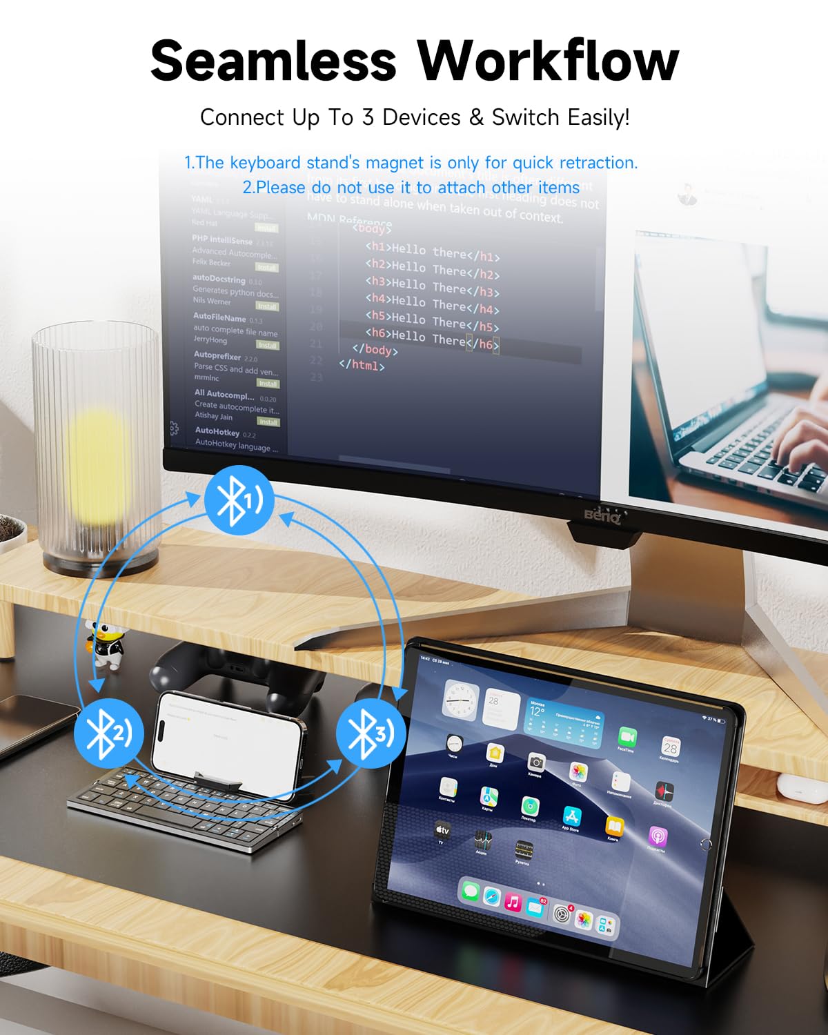 Tastiera Bluetooth Pieghevole QWERTY Silenziosa con Supporto Magnetico, Mini Tastiera Wireless Ricaricabile in Alluminio per iPad, Tablet, Smartphone, Laptop（Nero）