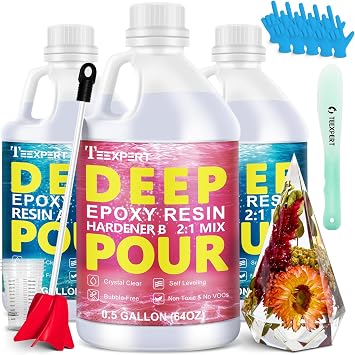 Teexpert Deep Pour Epoxy Resin, 1.5 Gallon Epoxy Resin Kit for 2-4" Pour Depths, Crystal Clear & High Gloss, Bubble-Free Casting Resin for River Tables, Flower Preservation and Mold Crafts - 21 Mix