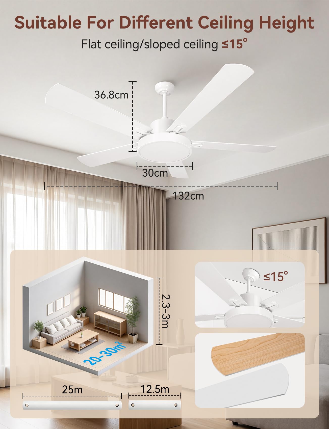 Aigostar Ventilador de Techo con Luz Silencioso 52″, Motor DC Reversible 29W, 31.5W LED, Mando a Distancia, 6 Velocidades, 3000K/4000K/6500K Regulable, Ideal para Dormitorio, Sala o Cocina