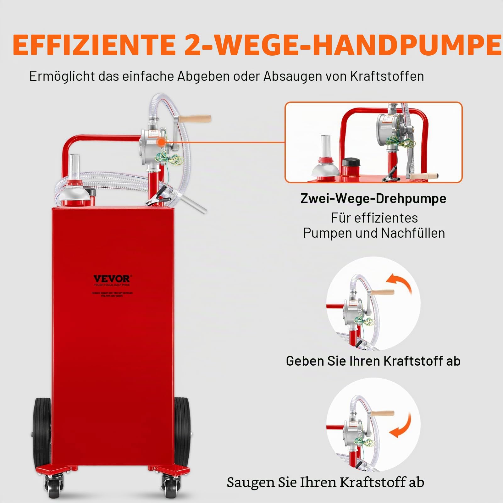 VEVOR 30-Gallonen-Kraftstoffbehälter, Gasspeichertank und 4 Räder, mit manueller Transferpumpe, Benzin-Diesel-Kraftstoffbehälter für Autos, Rasenmäher, Geländefahrzeuge, Boote usw., Rot