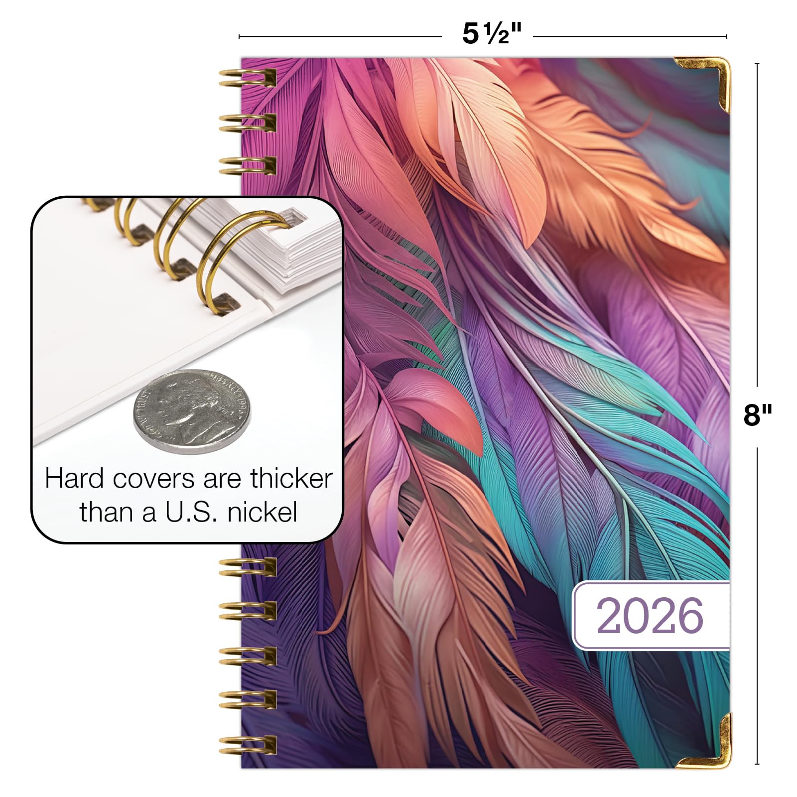 Hardcover, agenda 2026, 14 x 20,3 cm, 14 mesi (novembre 2025 - dicembre 2026), agenda giornaliera settimanale, mensile, agenda annuale, segnalibro, cartella tascabile e set di note adesive (pavone