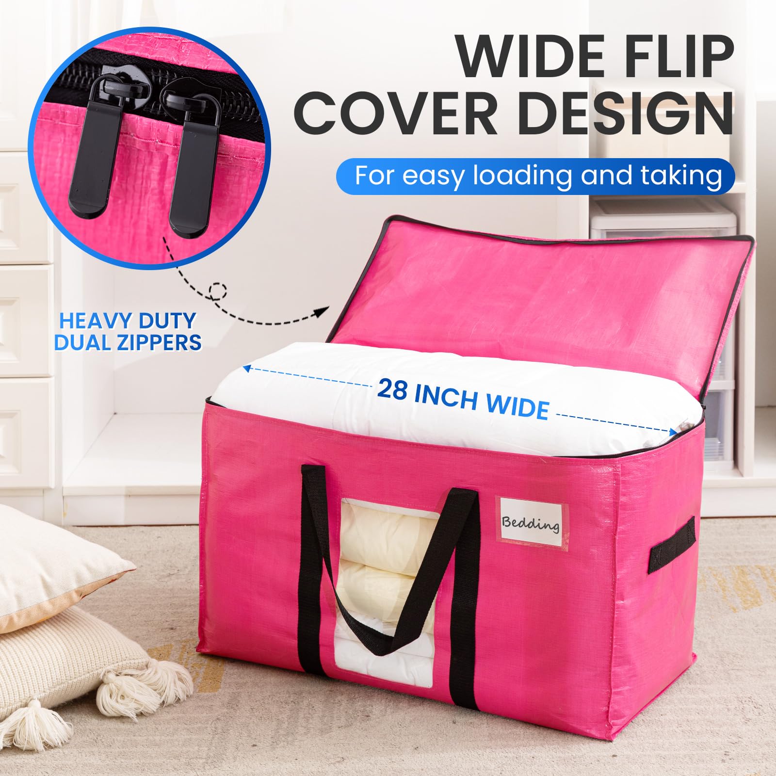 TAILI Moving Bags Extra Large,Reinforced Handles & Clear Window,Heavy Duty Storage Bags with Zips for Clothes,Beddings,Duvets,Travel,Camping,moving,Loft Storage(4 Pack pink) - Image 3