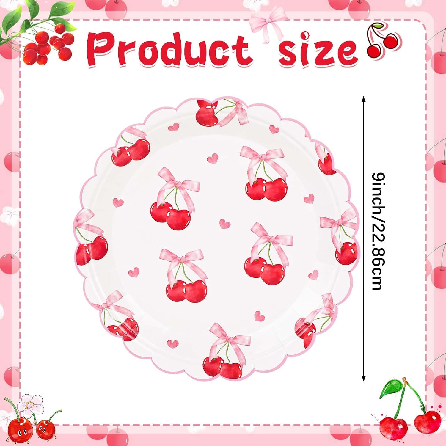 PHOGARY Cherry Birthday Decorations 9in Pink Paper Plates, Bow Party Decorations Disposable Scalloped Paper Plates for Cherry Bow Themed Party Pink Birthday Baby Shower,40Pack image 2