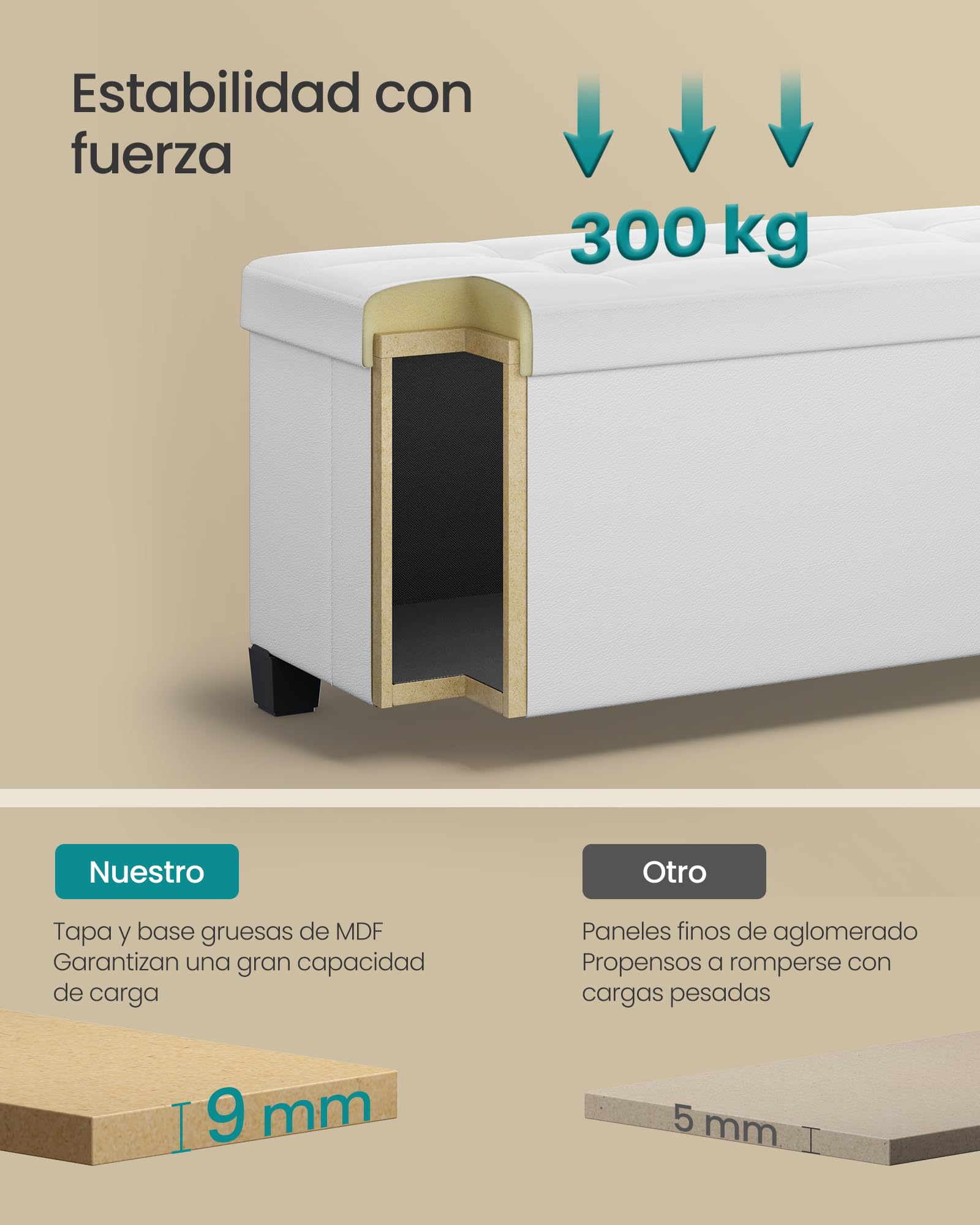 SONGMICS Puff Almacenaje, Banco Plagable con Patas, 38 x 110 x 40 cm, Reposapiés, 112 L, PVC, para el Dormitorio, Sala de Estar, Blanco Nube LSF0514W02