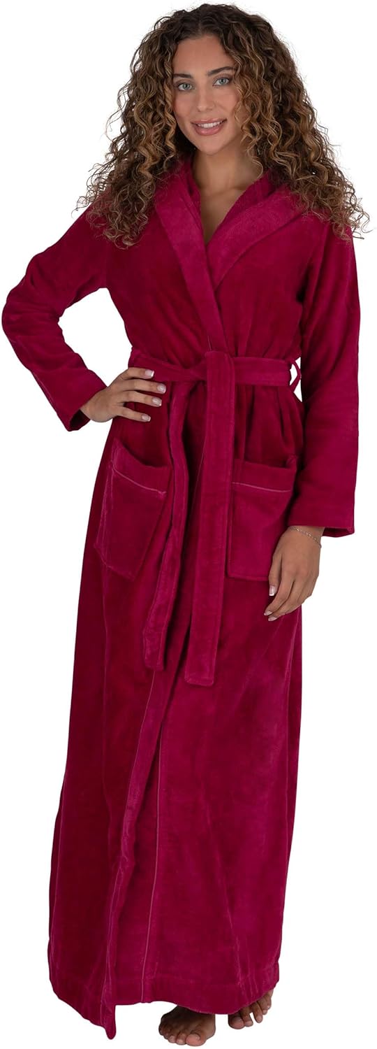 Be Relax Bathrobe for Women - Full Length Terry Cotton Robe with Shawl Collar and Hood, Warm and Cozy Robe with Belt & Pocket