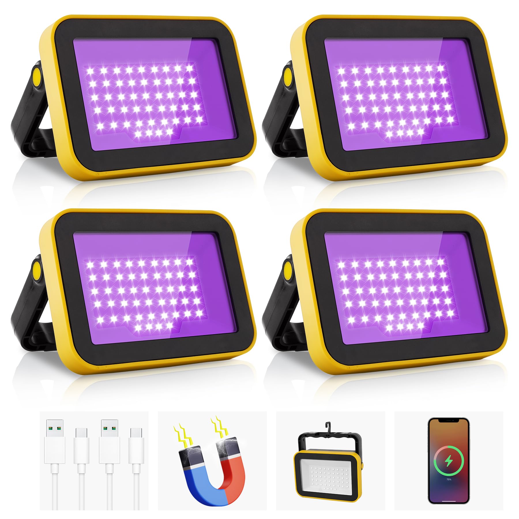 CREPOW Rechargeable LED Black Light, Battery Powered Portable Blacklight, 395nm LED Flood Light Black Lights, Neon Glow Party, Blacklight Catfishing, Halloween, Glow in The Dark Decoration 4 Pack