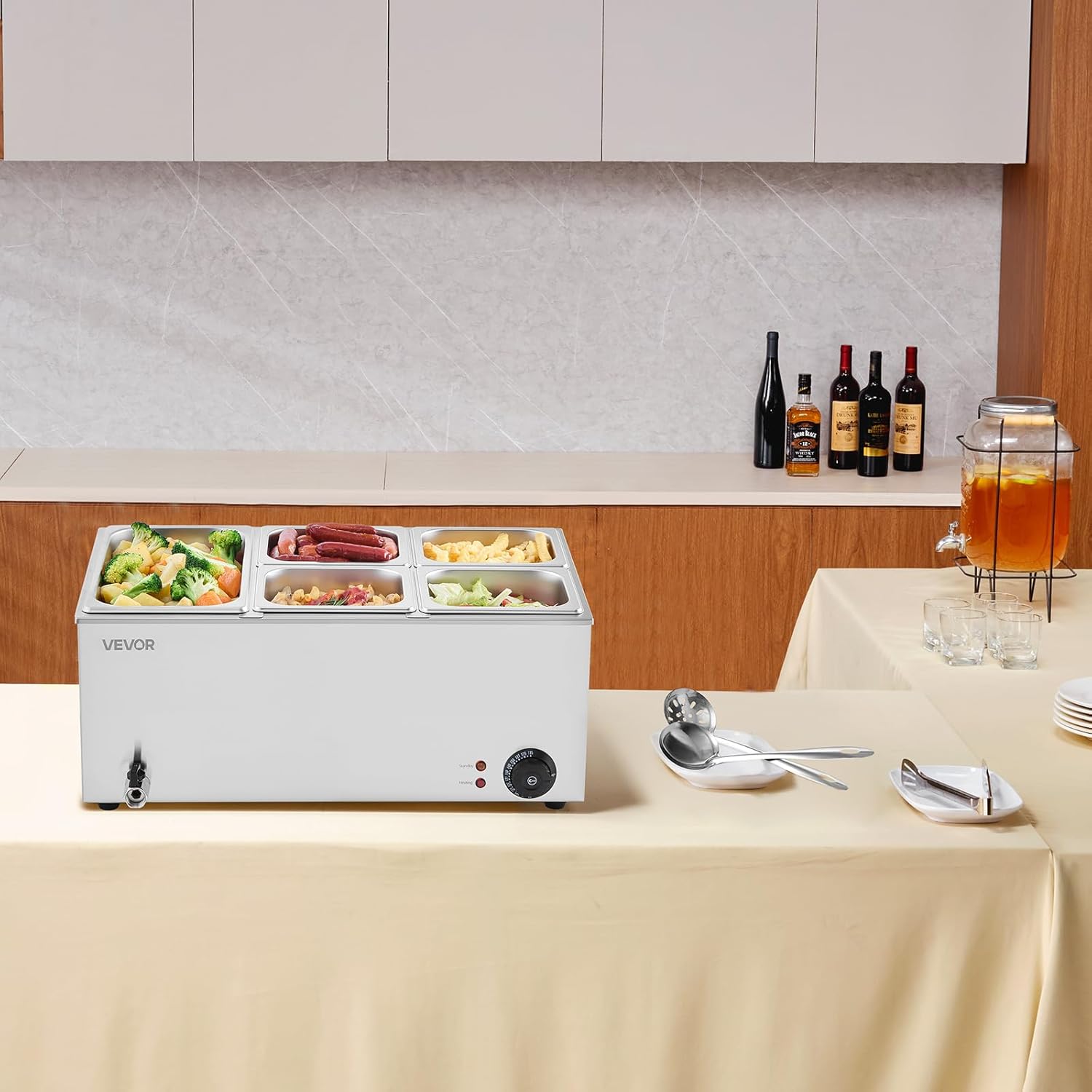 VEVOR 5-Pan Commercial Food Warmer, 24QT Electric Steam Table, 1200W Professional Countertop Stainless Steel Buffet Bain Marie with 86-185°F Temp Control for Catering and Restaurants, Silver